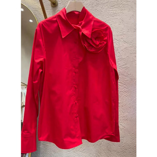 法式休闲时尚设计春季新款百搭红色长袖拼接褶皱立体花朵衬衫女
