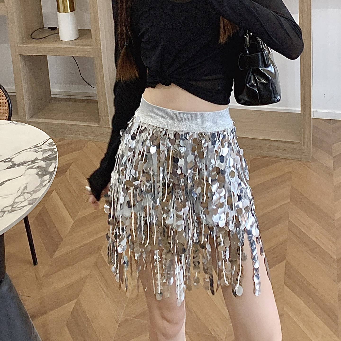 设计感小众亮片流苏半身裙女2025