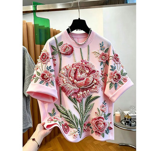 设计感2026年夏季新款宽松时尚重工钉珠印花粉红色T恤穿搭上衣女