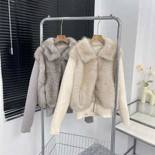 拼接仿狐狸毛毛皮草外套马甲女 假两件马夹针织袖 春春季 新款