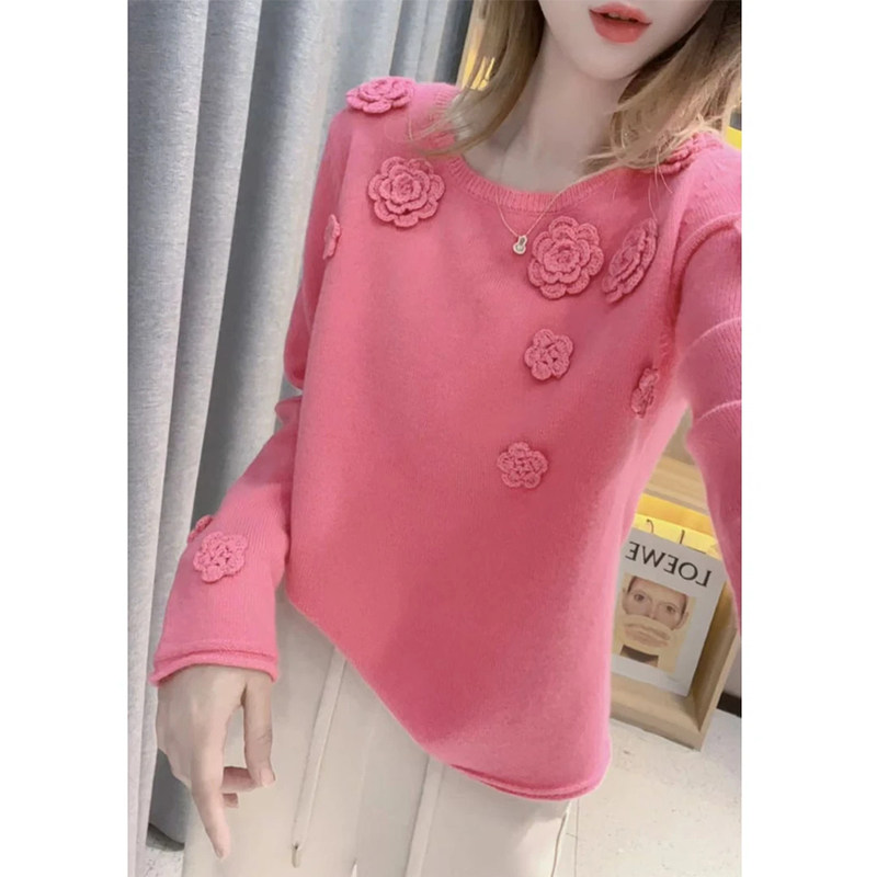 立体玫瑰花粉色针织衫女春季修身斜领露肩毛衣长袖打底衫短款上衣,女装/女士精品,毛衣,淘宝优惠券,粉丝福利购,淘宝优惠卷