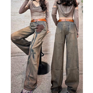 牛仔裤2026春季玫瑰花镶钻刺绣复古显瘦小个子阔腿直筒裤女