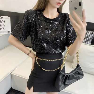 短袖时尚常规亮片亮闪闪女装上衣