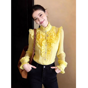 欧货时尚爆款减龄洋气独特漂亮上衣高级感黄色立体花朵衬衫女春季