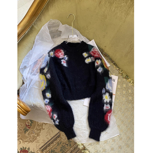 miu风新品春春马海毛套头重工提花毛衣新年蝙蝠袖短款针织衫