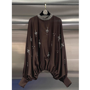 广州十三行春季新款设计感重工烫钻套头上衣法式复古咖色衬衫