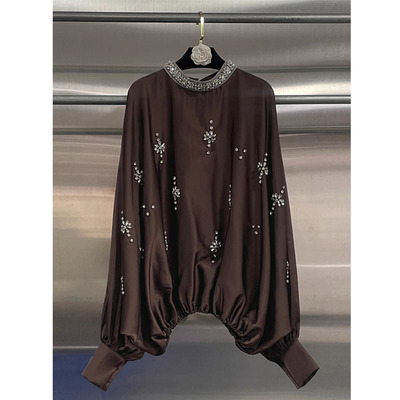 烫钻套头上衣法式复古咖色衬衫