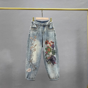 高腰宽松显瘦印花老爹裤 重工烫钻牛仔裤 春季 2025年新款 潮 女垮垮裤
