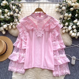 网纱镂空钩花拼接宽松御姐上衣潮 复古轻奢法式 长袖 立领衬衫 女夏季
