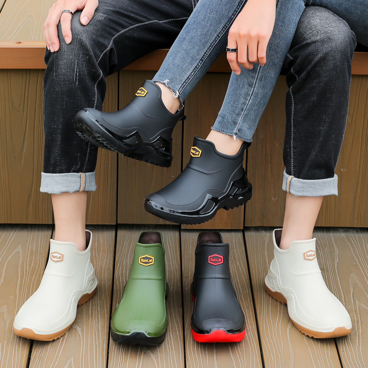 情侣短筒雨靴时尚一体成型加厚防水胶鞋外徒步休闲涉水鞋胶鞋水鞋