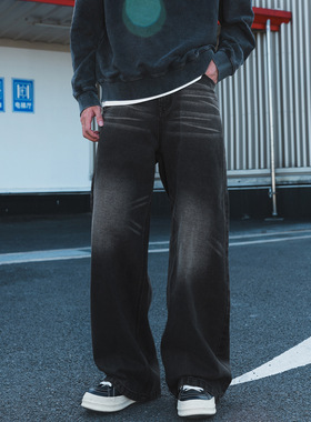 美式扎染水洗做旧牛仔裤男秋季新款高街复古廓形宽松潮牌直筒男女