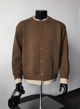 美式复古假两件纽扣设计毛衣春季潮流新款宽松休闲百搭开衫外套慵