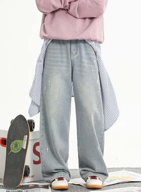 做旧水洗直筒牛仔裤2025春季新款日系宽松半松紧腰质感刺绣长裤男