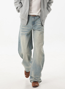 立体猫须水洗做旧牛仔裤男秋季美式直筒裤高街复古潮牌宽松长垂感