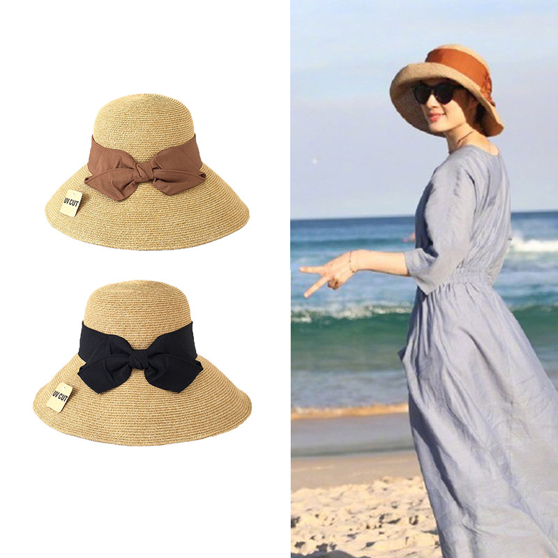 俪姐同款太阳帽子女日本抗UV防紫外线蝴蝶结大檐可折叠草帽遮阳帽