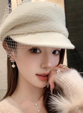 甜美珍珠网纱侧压马术帽子女秋冬澳洲羊毛毡帽小香风鸭舌帽小礼帽