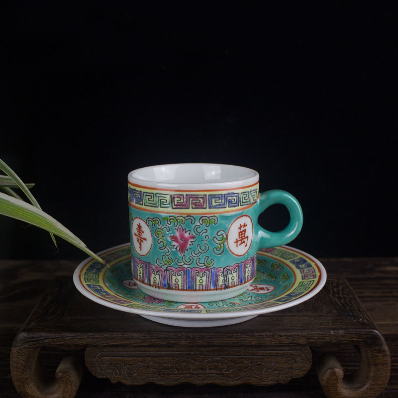 景德镇陶瓷茶具七十年代老厂货手绘粉彩万寿无疆咖啡杯主人茶杯老