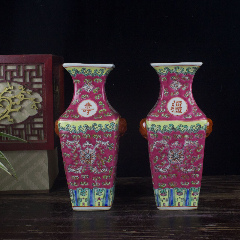 景德镇民国陶瓷粉彩万寿无疆四方插花瓶装饰摆件家居客厅玄关装饰