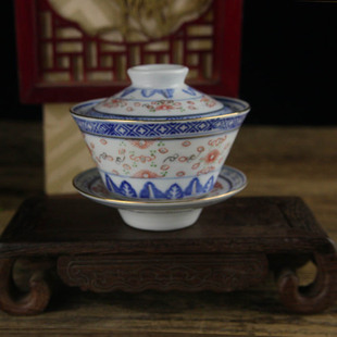 景德镇光明瓷厂老厂货茶具青花玲珑加彩盖碗米通三才泡茶盖碗陶瓷