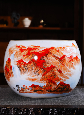 景德镇陶瓷鸿运当头聚宝盆摆件中式客厅家居玄关养鱼缸装饰品礼品