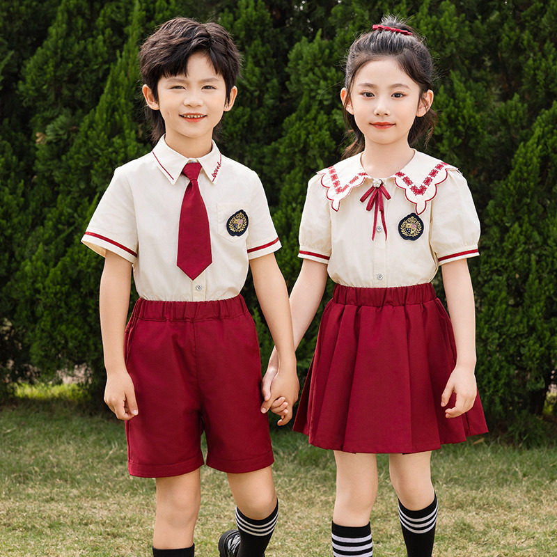 幼儿园园服夏季套装儿童班服短袖学院风小学生校服红色毕业照表演