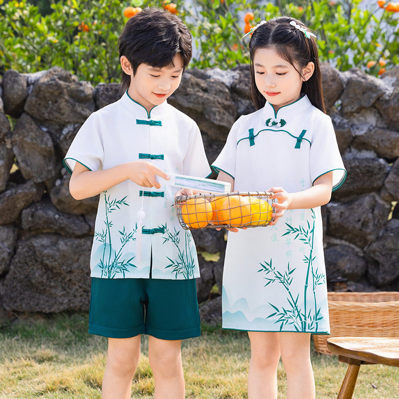 幼儿园园服夏季套装儿童大班服绿色连衣裙中国风小学生校服毕业服
