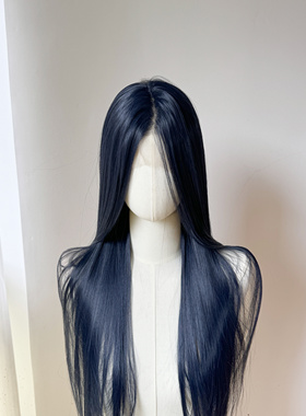 黑蓝手钩前额大蕾丝假发cosplay中分长直发高温丝自然 傅融cos