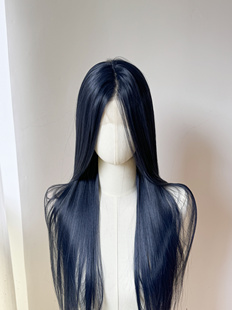 黑蓝手钩前额大蕾丝假发cosplay中分长直发高温丝自然 傅融cos