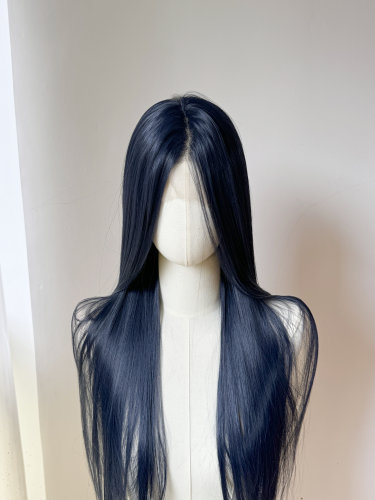 黑蓝手钩前额大蕾丝假发cosplay中分长直发高温丝自然 傅融cos