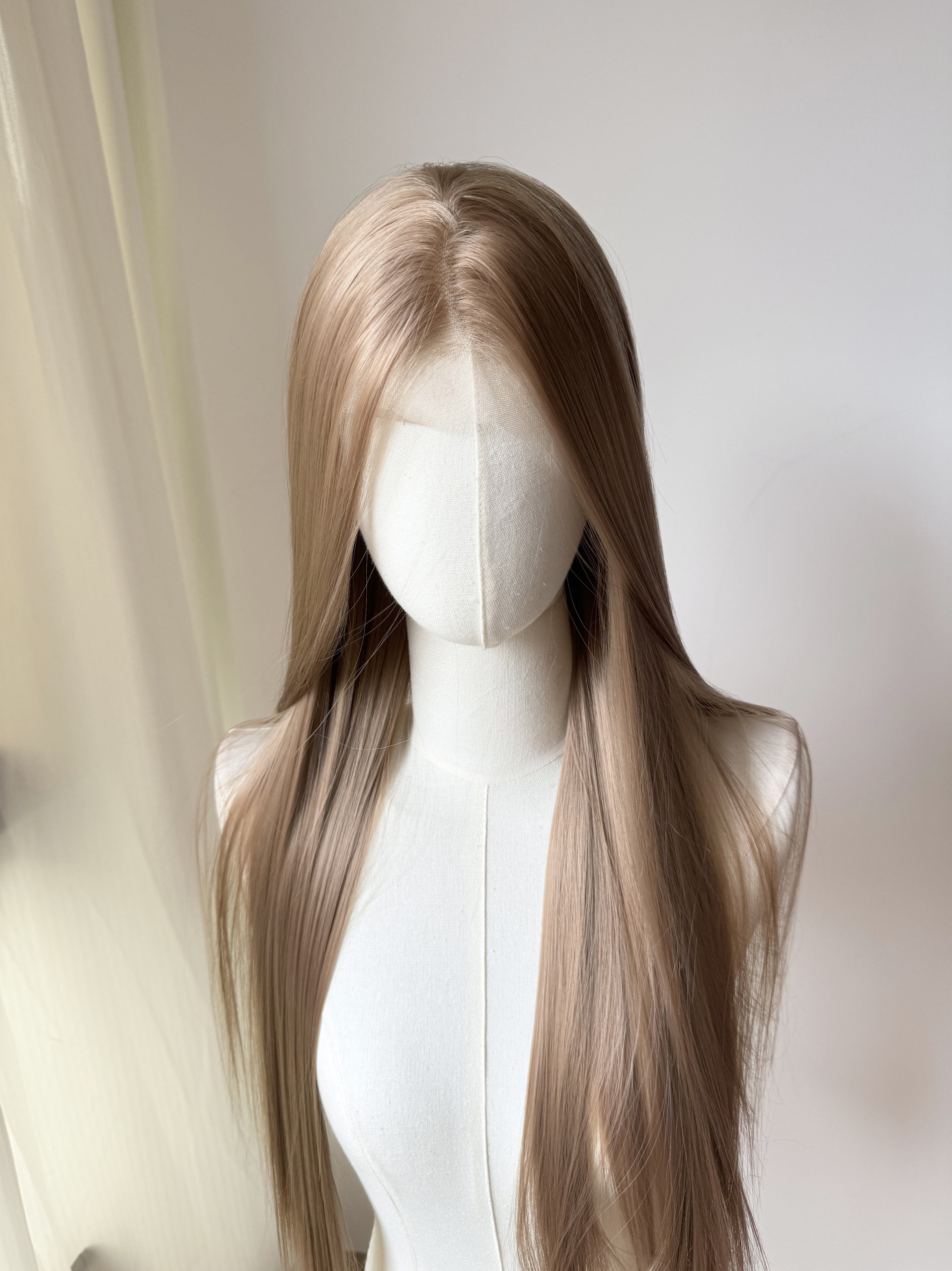 杏棕色奶茶色假发前额蕾丝大蕾丝女全头套仿真头皮中分长直发长发