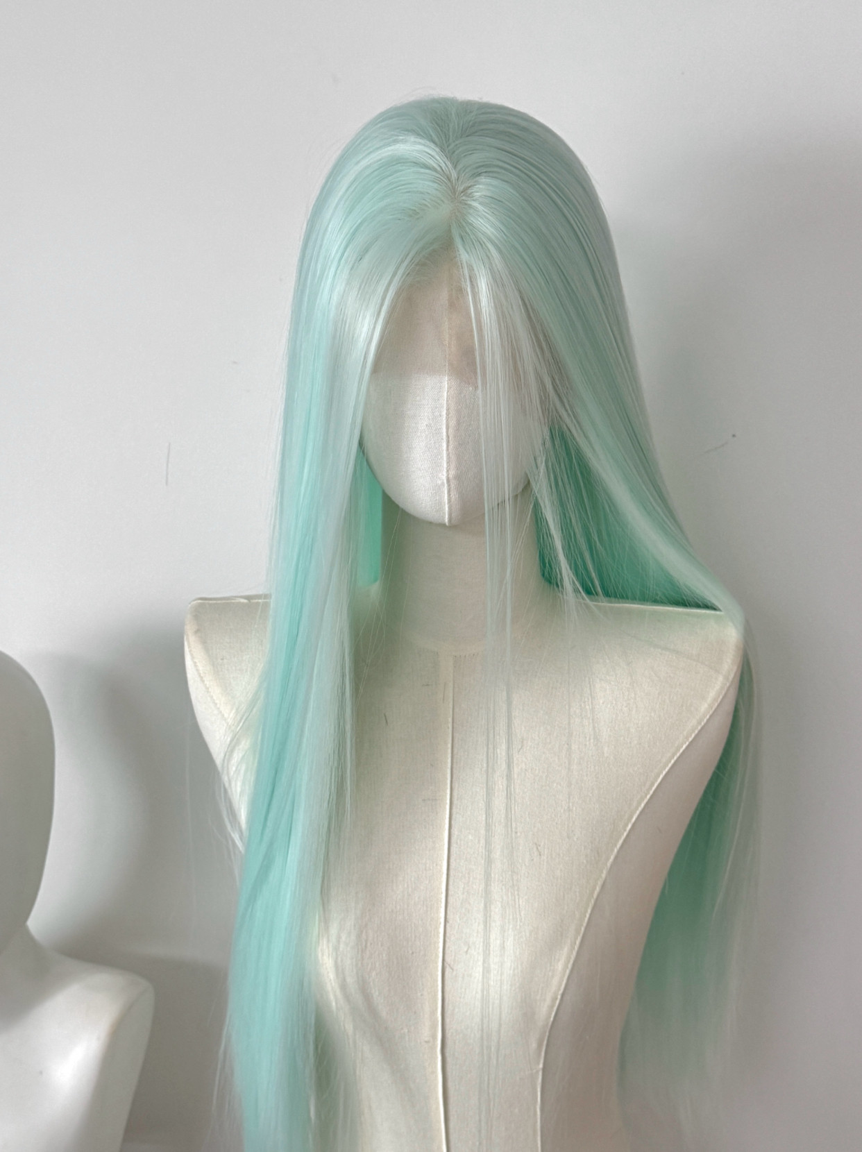 深薄荷浅蓝绿色前额大蕾丝手钩假发手织长直发cosplay万用随意分