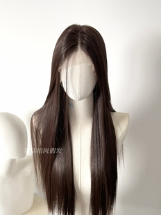 【冷黑茶】深棕色进口日本丝轻盈黑长直手钩大蕾丝假发仿真全头套