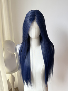 藏青深蓝色老君cos手钩假发前额大蕾丝毛胚古装 傅融假发