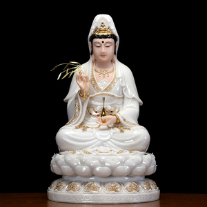 圆通佛具汉白玉观音菩萨家用坐莲观音佛像供奉观世音娑婆三圣摆件