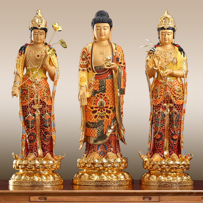 纯铜手工彩绘西方三圣佛像观音像