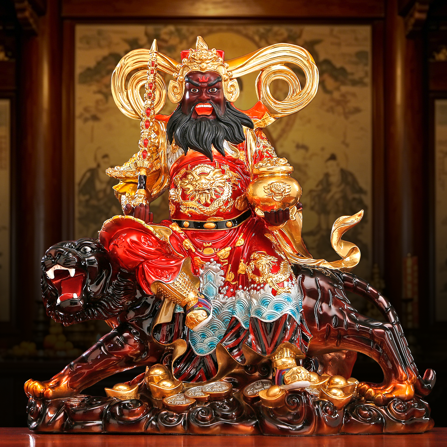 台湾纯铜彩绘赵公明神像店铺办公室供奉赵元帅骑虎武财神招财摆件