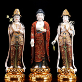西方三圣汉白玉佛像站像手工彩绘金镶玉阿弥陀佛家居供奉观音摆件