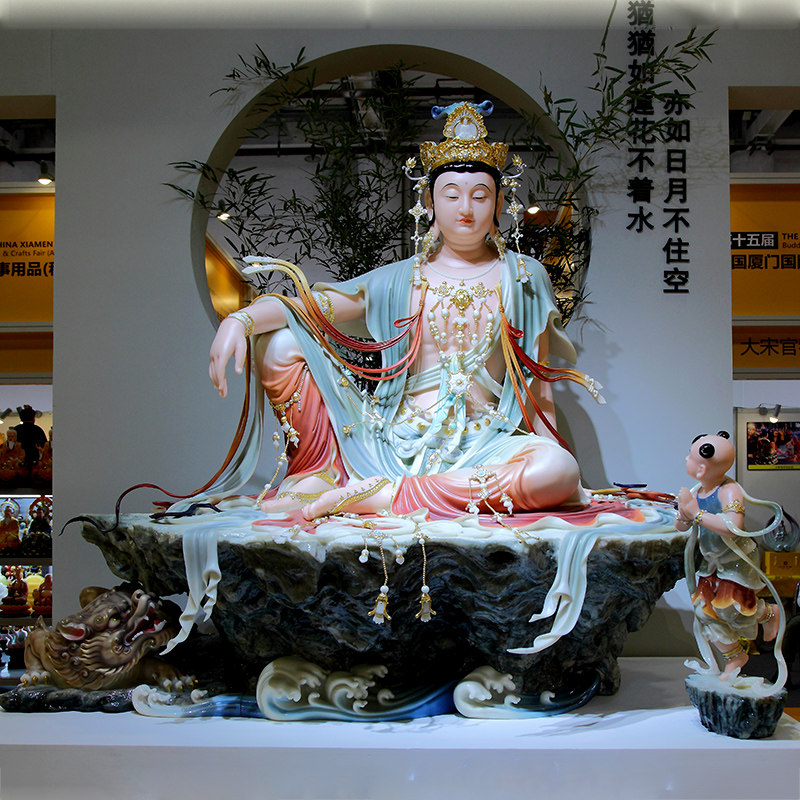 汉白玉水月观音菩萨家用供奉石雕自在观音佛像大号中式工艺品摆件