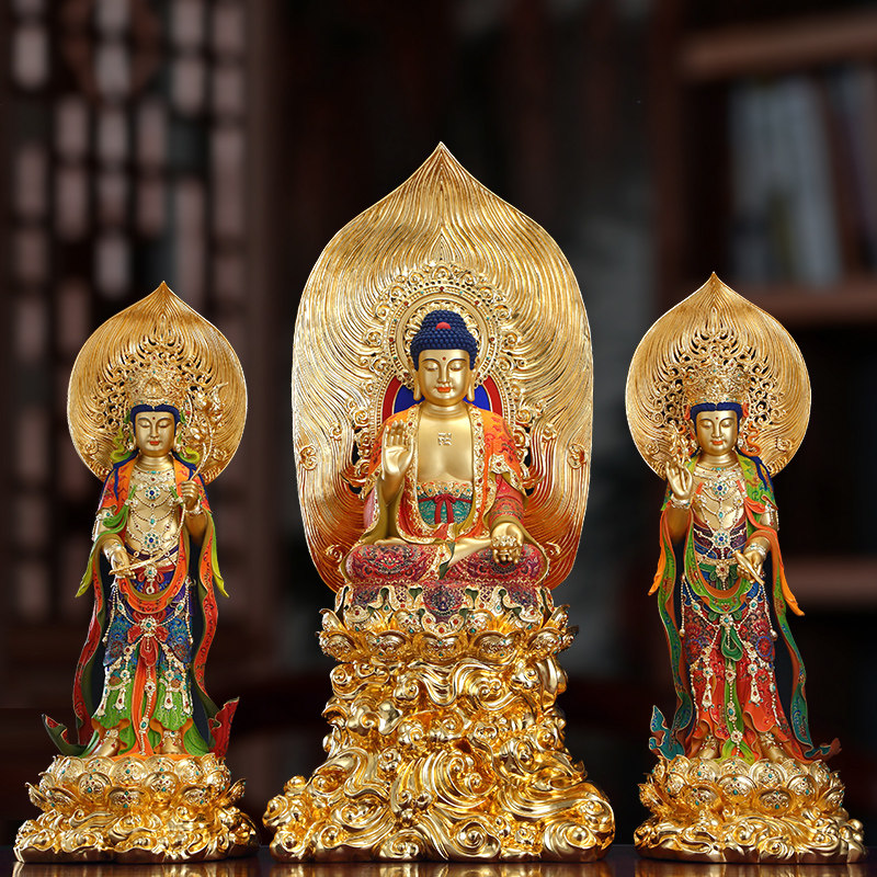 台湾纯铜精工彩绘西方三圣佛像摆件家用供奉观音菩萨阿弥陀佛坐像