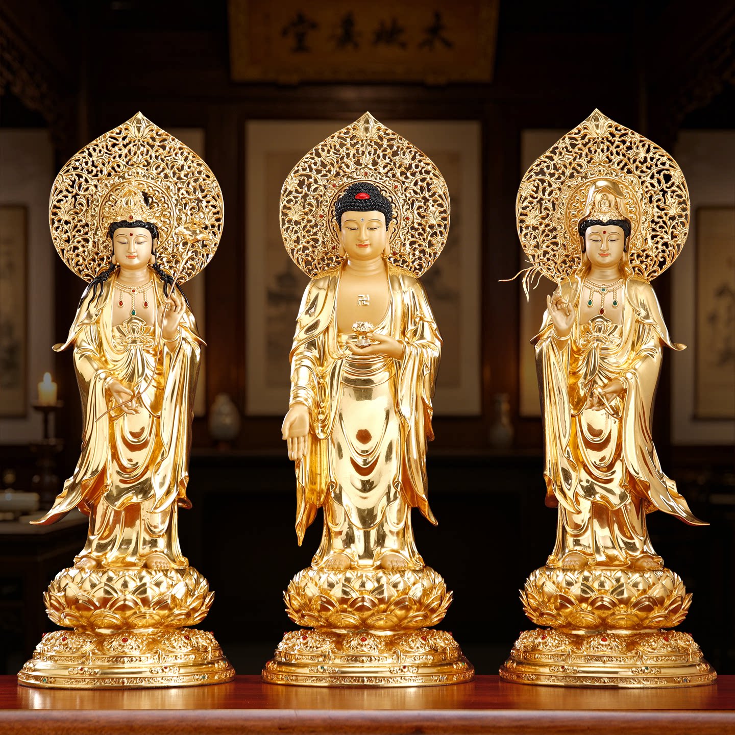 纯铜贴金带背光西方三圣佛像站像家用供奉阿弥陀佛观音菩萨像摆件