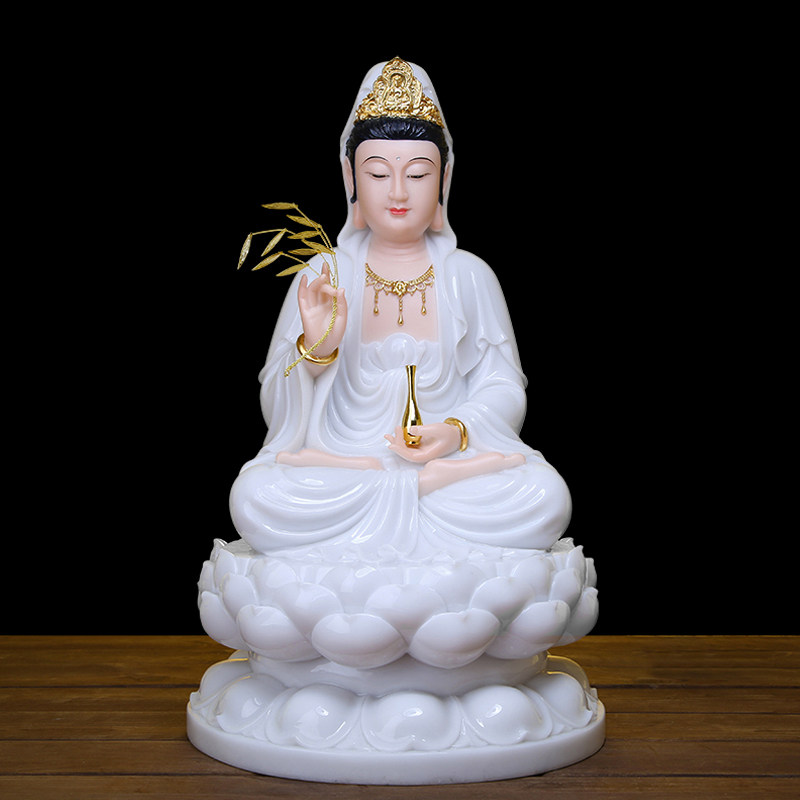 汉白玉观音菩萨家用供奉观音佛像娑婆三圣坐像摆件坐莲观世音佛像