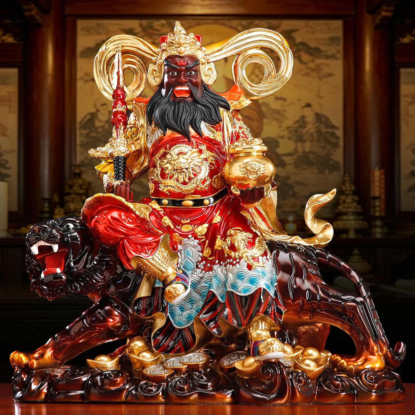 台湾纯铜彩绘赵公明神像店铺办公室供奉赵元帅骑虎武财神招财摆件