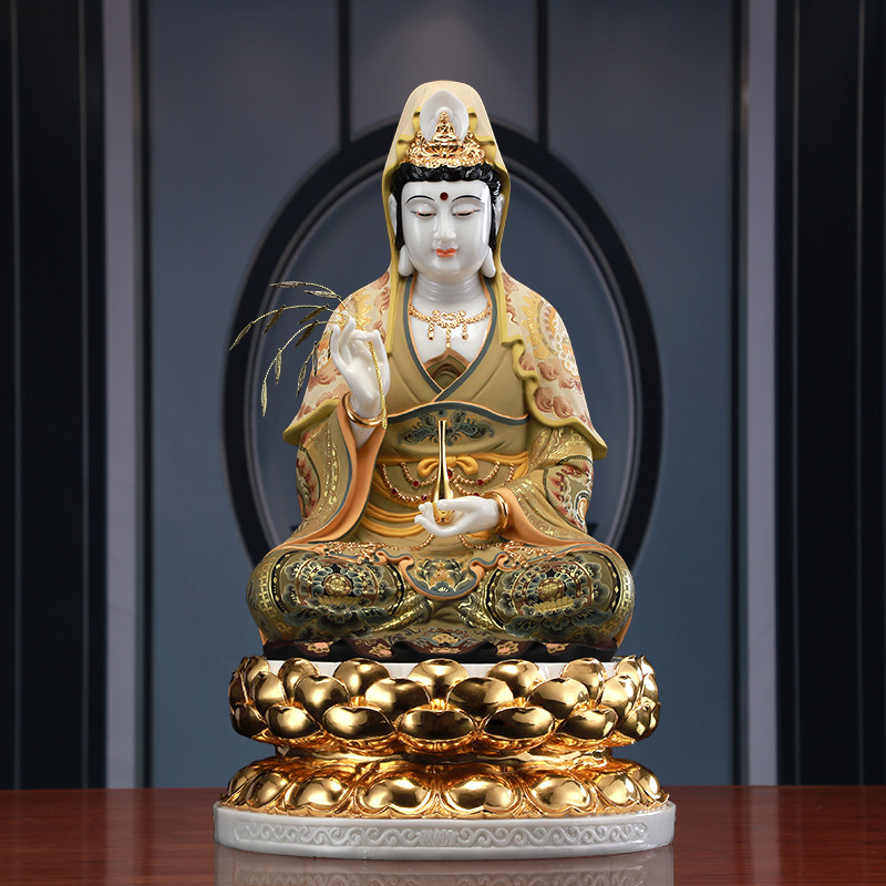 台湾手工彩绘观音佛像石雕汉白玉观世音菩萨神像娑婆三圣客厅摆件
