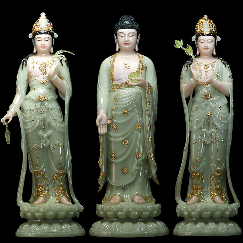 汉白玉镶金大势至观音圆通佛具
