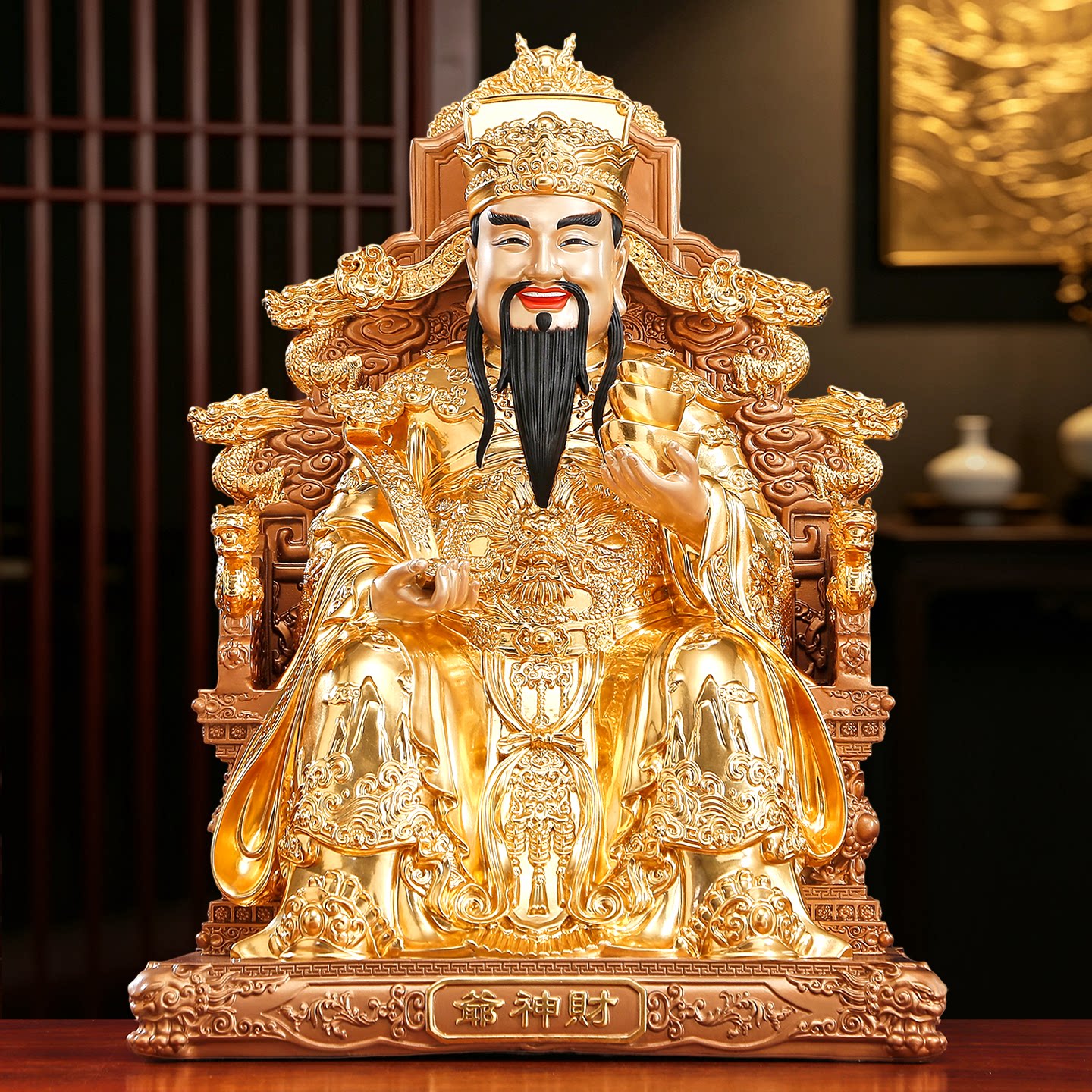 台湾纯铜贴金文财神摆件龙椅财神爷供奉神像客厅店铺开业招财摆件
