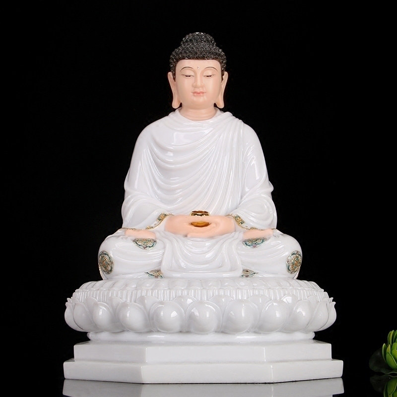 汉白玉佛像石雕金镶玉释迦牟尼佛摆件佛祖如来佛释迦摩尼佛成道像