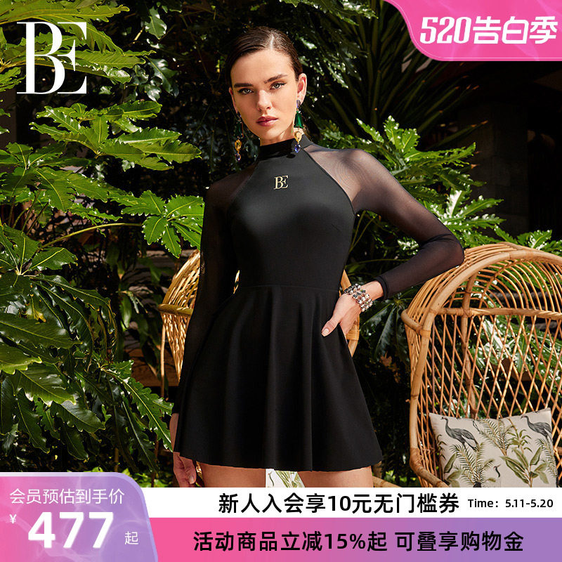 BE范德安女士连体泳衣裙式防晒舒适黑色遮肉显瘦保守优雅
