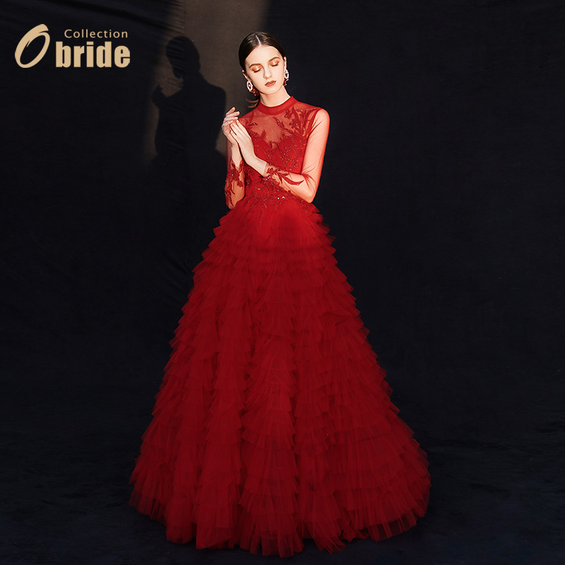 Obride[戈雅]敬酒服新娘高级感长袖大码胖mm红色婚纱礼服轻奢定制