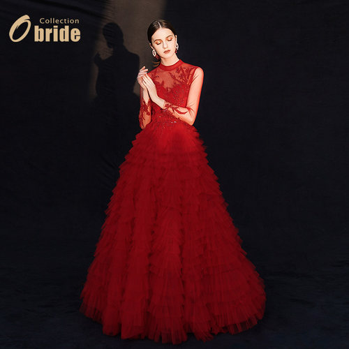 Obride春夏新娘红色婚纱晚礼服