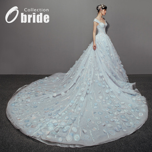 定制大拖尾重工婚纱主纱 高端主婚纱新娘结婚大码 Obride 翎羽